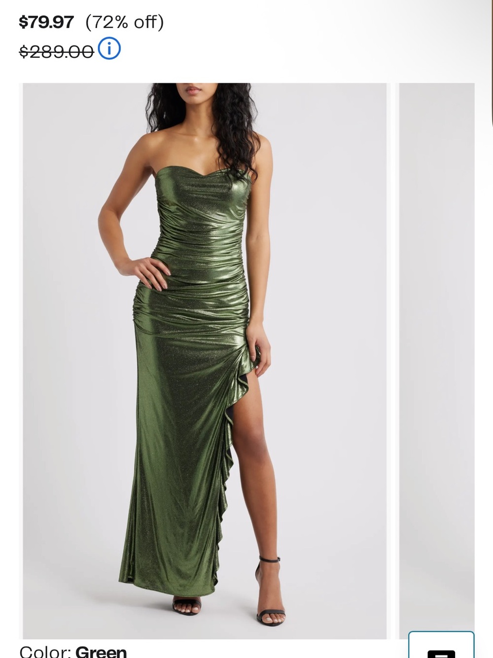 Jump Metallic Green Strapless Ruched Gown